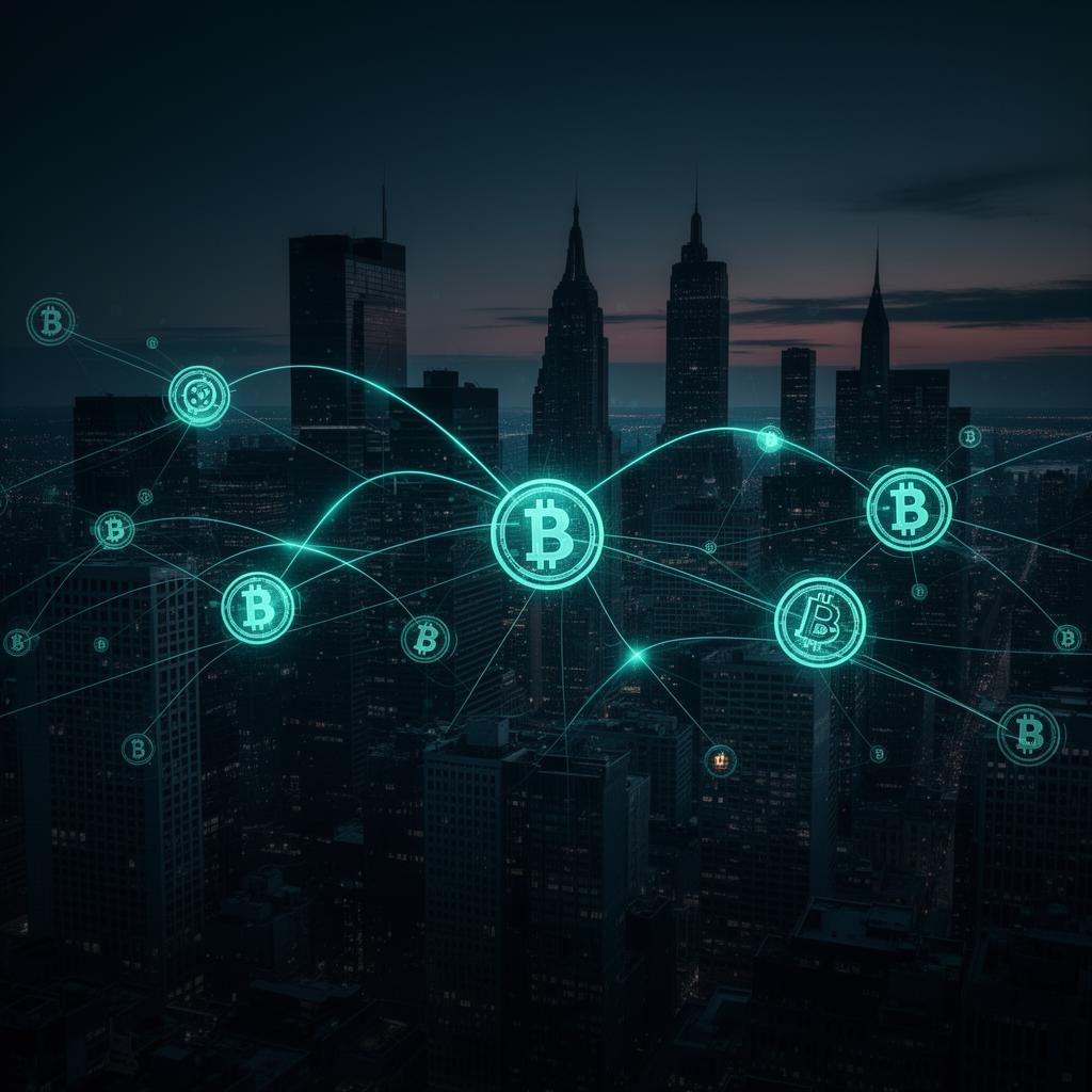 Blockchain network visualization over city skyline
